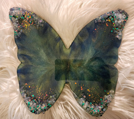 This butterfly is with crushed glass, iridescent glitter and green glitter