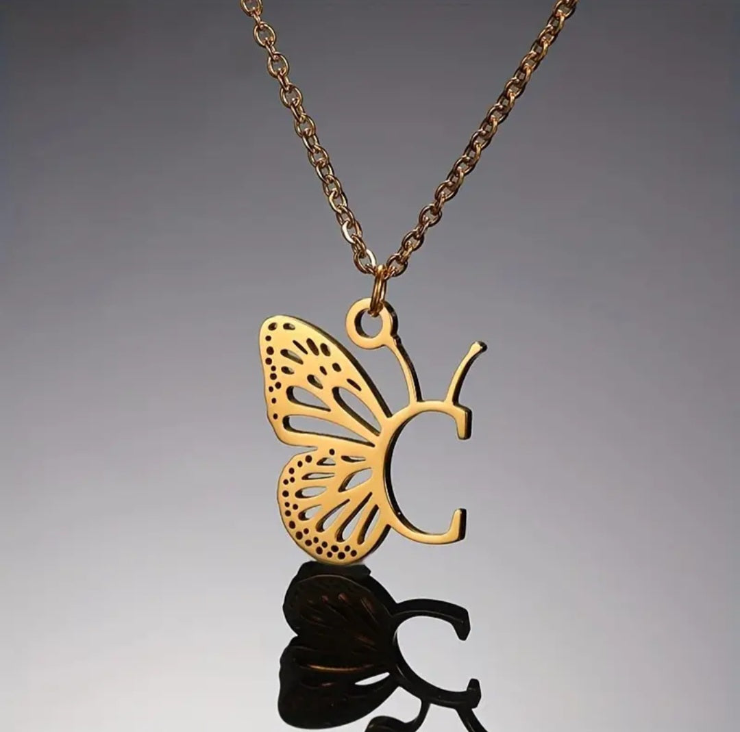 Stainless Steel Butterfly Letter Pendant Necklace w/Earrings