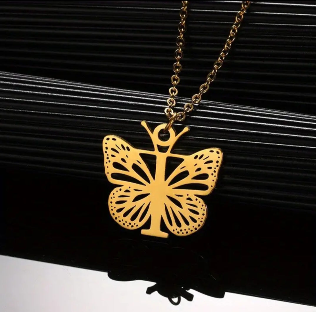 Stainless Steel Butterfly Letter Pendant Necklace w/Earrings